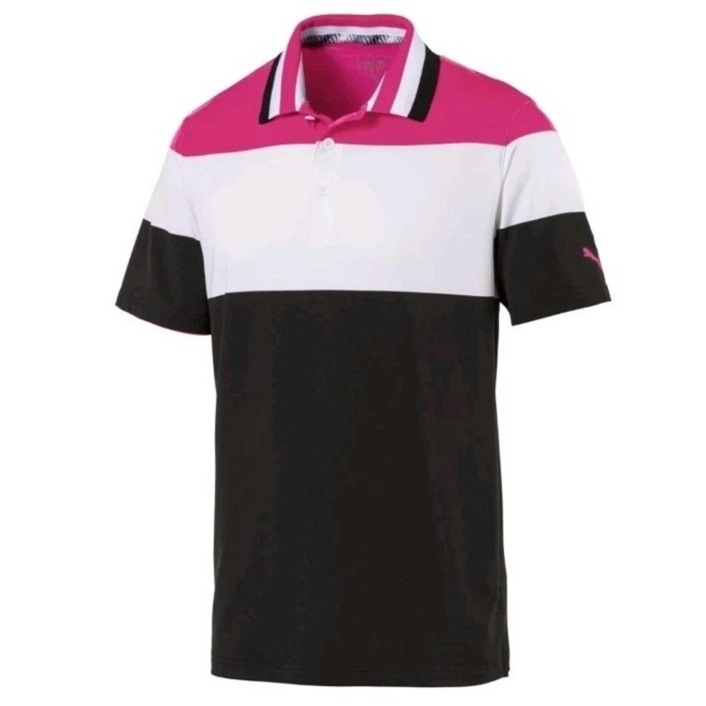 Puma Nineties Mens XXL Golf Polo Shirt Pink Black White Stripe Shirt Sleeve Soft